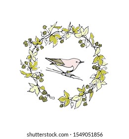 Vector card with hand drawn bird in hop wreath made with ink. Beautiful animal design elements, logo template