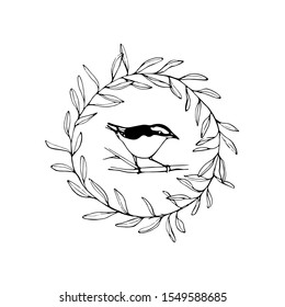 Vector card with hand drawn bird in floral wreath made with ink. Beautiful animal design elements, logo template