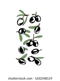 Vector card with hand drawn black olives made with ink. Beautiful food design elements, logo template