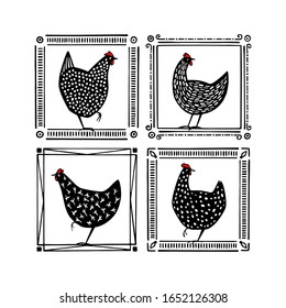 Vector card with hand drawn black speckled hens in vintage frames. Beautiful ink drawing. Perfect elements for food or farming design.