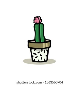 Vector card with hand drawn blooming cactus in painted pot. Ink drawing, graphic style. Beautiful design elements.