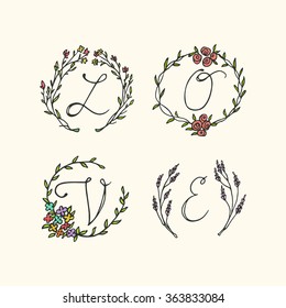 Vector card with hand drawn botanical monogram set making up the Love word. Perfect for Valentine's day greeting.