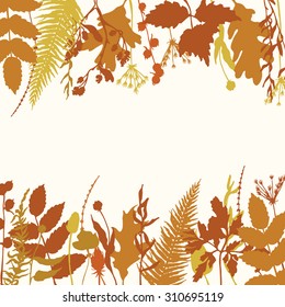 Vector card with hand drawn branches of wild plants. Invitation or greeting card. Beautiful autumn design elements, warm vintage colors.