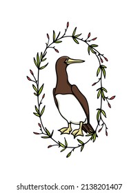 Vector card with hand drawn Brown Booby bird in graceful floral wreath. Beautiful animals design elements, ink drawing. Wonderful illustration of a cute seabird.