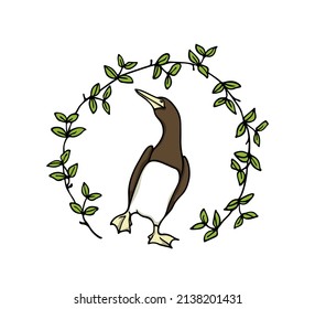 Vector card with hand drawn Brown Booby bird in graceful floral wreath. Beautiful animals design elements, ink drawing. Wonderful illustration of a cute seabird.