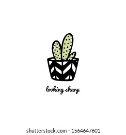 Vector card with hand drawn cactus in painted pot. Ink drawing, graphic style. Beautiful design elements.