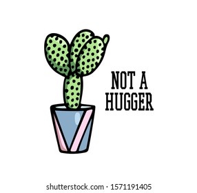 Vector card with hand drawn cactus in painted pot. Ink drawing, graphic style. Not hugger sign. Beautiful design elements.