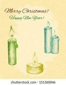 Vector card with hand drawn candles on patterned background. Christmas and New Year design