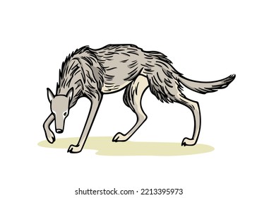 Vector card with hand drawn cautious and graceful Gray wolf. Ink drawing, graphic style. Beautiful wild nature design elements. 