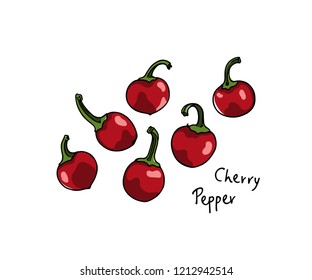 Vector card with hand drawn cherry peppers. Ink drawing, graphic style, beautiful design elements