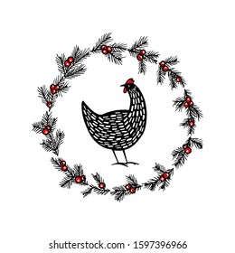 Vector card with hand drawn chicken in winter floral wreath. Beautiful ink drawing, logo template. Perfect elements for food or farming design.