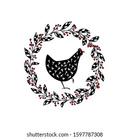 Vector card with hand drawn chicken in floral wreath. Beautiful ink drawing, logo template. Perfect elements for food or farming design.