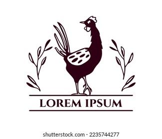 Tarjeta vectorial con emblema de pollo extraído a mano. Hermoso dibujo de tinta, fuerte contorno, estilo gráfico. Elementos perfectos para el diseño alimentario o agrícola.