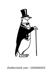Vector card with hand drawn chinstrap penguin in black tie. Ink drawing, graphic style, beautiful animal design element