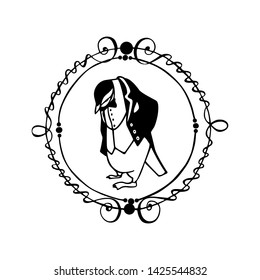 Vector card with hand drawn chinstrap penguin in tuxedo in vintage frame. Ink drawing, graphic style, beautiful design element