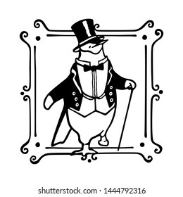 Vector card with hand drawn chinstrap penguin in tuxedo in vintage frame. Ink drawing, graphic style, beautiful design element