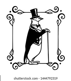 Vector card with hand drawn chinstrap penguin in tuxedo in vintage frame. Ink drawing, graphic style, beautiful design element