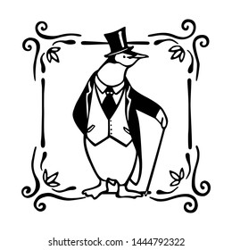 Vector card with hand drawn chinstrap penguin in tuxedo in vintage frame. Ink drawing, graphic style, beautiful design element