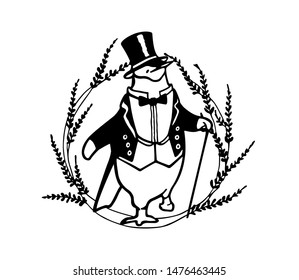 Vector card with hand drawn chinstrap penguin in tuxedo in vintage floral wreath. Ink drawing, graphic style, beautiful design element