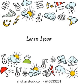 Vector card with  hand drawn colored weather signs. Beautiful design elements, ink drawing