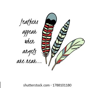 Vector card with hand drawn colorful feathers. Beautiful ethnic design elements, ink drawing. 
