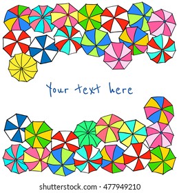 Vector card with hand drawn colorful umbrella tops. Beautiful design elements.