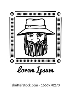 Vector card with hand drawn cool fisherman or lumberjack portrait in abstract frame. Heavy contour, graphic style, ink illustration. Beautiful people design elements