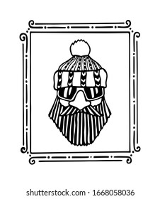 Vector card with hand drawn cool fisherman or lumberjack portrait in abstract frame. Heavy contour, graphic style, ink illustration. Beautiful people design elements