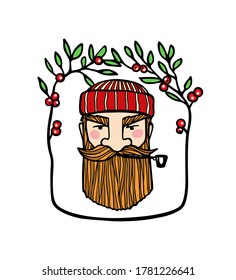 Vector card with hand drawn cool fisherman or lumberjack portrait in sweet floral wreath of red berries.  Heavy contour, graphic style, ink illustration. Beautiful people design elements