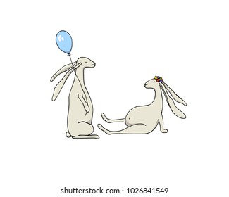 Vector card with hand drawn couple of cute hares . Beautiful  illustration.