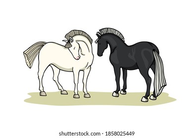 Vector card with hand drawn couple of graceful horses - a black and a white. Beautiful ink drawing, animal illustration, logo template