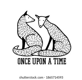 Vector card with hand drawn couple of sweet sitting foxes made in linocut style. Beautiful animals design elements, ink drawing. Wonderful illustration of wild animals made in cartoonish style.