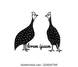 Vector card with hand drawn couple of funny helmeted guinea fowls made in cartoon style. Ink drawing, graphic illustration, heavy contour. Beautiful animal illustration