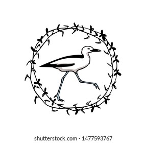 Vector card with hand drawn crab-plover emblem. Hand drawn seabird in floral wreath. Beautiful ink drawing. Perfect elements for animal design.