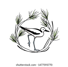 Vector card with hand drawn crab-plover emblem. Hand drawn seabird in floral wreath. Beautiful ink drawing. Perfect elements for animal design.