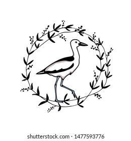 Vector card with hand drawn crab-plover emblem. Hand drawn seabird in floral wreath. Beautiful ink drawing. Perfect elements for animal design.