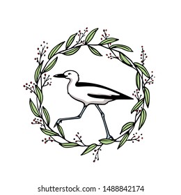 Vector card with hand drawn crab-plover emblem. Hand drawn seabird in floral wreath. Beautiful ink drawing. Perfect elements for animal design.