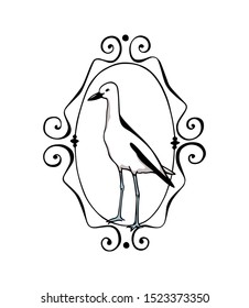 Vector card with hand drawn crab-plover emblem. Hand drawn seabird in vintage frame. Beautiful ink drawing. Perfect elements for animal design.