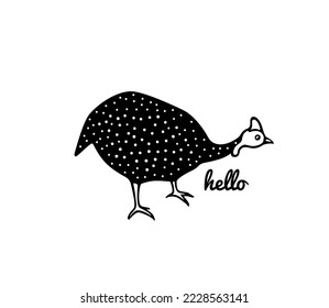 Vector card with hand drawn curious helmeted guinea fowl made in cartoon style. Ink drawing, graphic illustration, heavy contour. Beautiful design elements