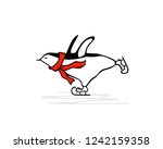 Vector card with hand drawn cute penguin skating on ice in red scarf. Ink drawing, funny illustration, beautiful animal design elements.