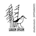 Vector card with hand drawn cute snipe in graceful reed. Beautiful animal design elements, ink drawing, logo template