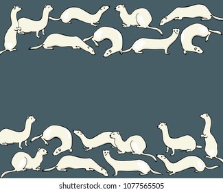 Vector card with hand drawn cute weasels in winter coats. Beautiful animal design elements, ink drawing.