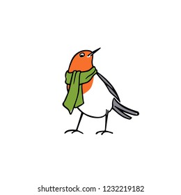 Vector card with hand drawn cute robin in green scarf. Ink drawing, beautiful animal design elements.