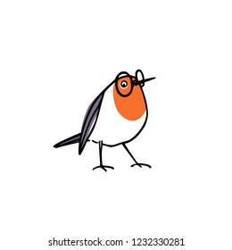 Vector card with hand drawn cute robin wearing glasses. Ink drawing, beautiful animal design elements.