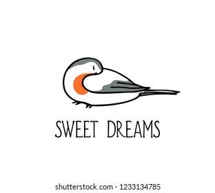 Vector card with hand drawn cute sleeping robin. Ink drawing, beautiful animal design elements.