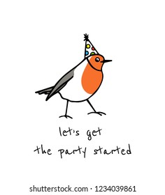 Vector card with hand drawn cute robin in party hat. Ink drawing, beautiful animal design elements.