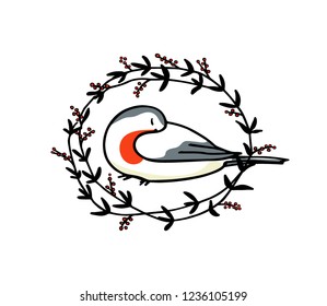 Vector card with hand drawn cute sleeping robin in floral wreath. Ink drawing, beautiful animal design elements.