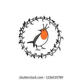 Vector card with hand drawn cute royal robin in floral wreath. Ink drawing, beautiful animal design elements.