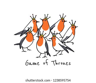 Vector card with hand drawn cute robins in golden crowns. Ink drawing, funny illustration, beautiful animal design elements.