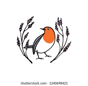 Vector card with hand drawn cute robin in floral wreath. Ink drawing, beautiful animal design elements.